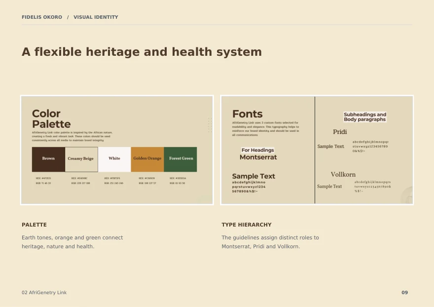 AfriGenetry Link: Heritage and health palette and type hierarchy
