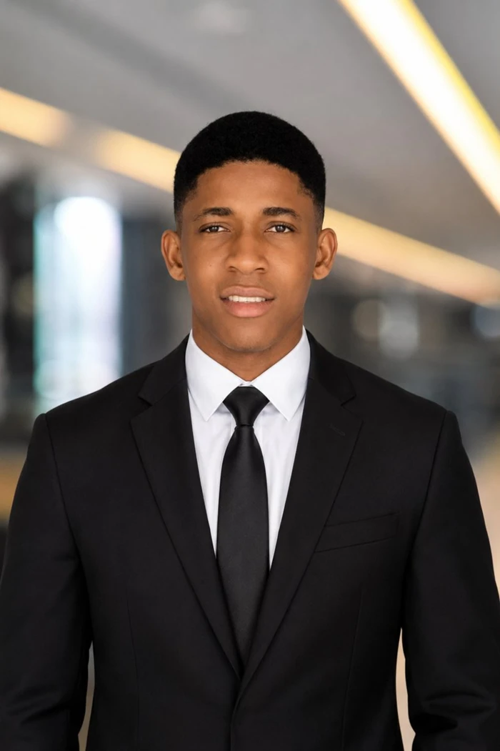Fidelis Okoro wearing a black suit and tie