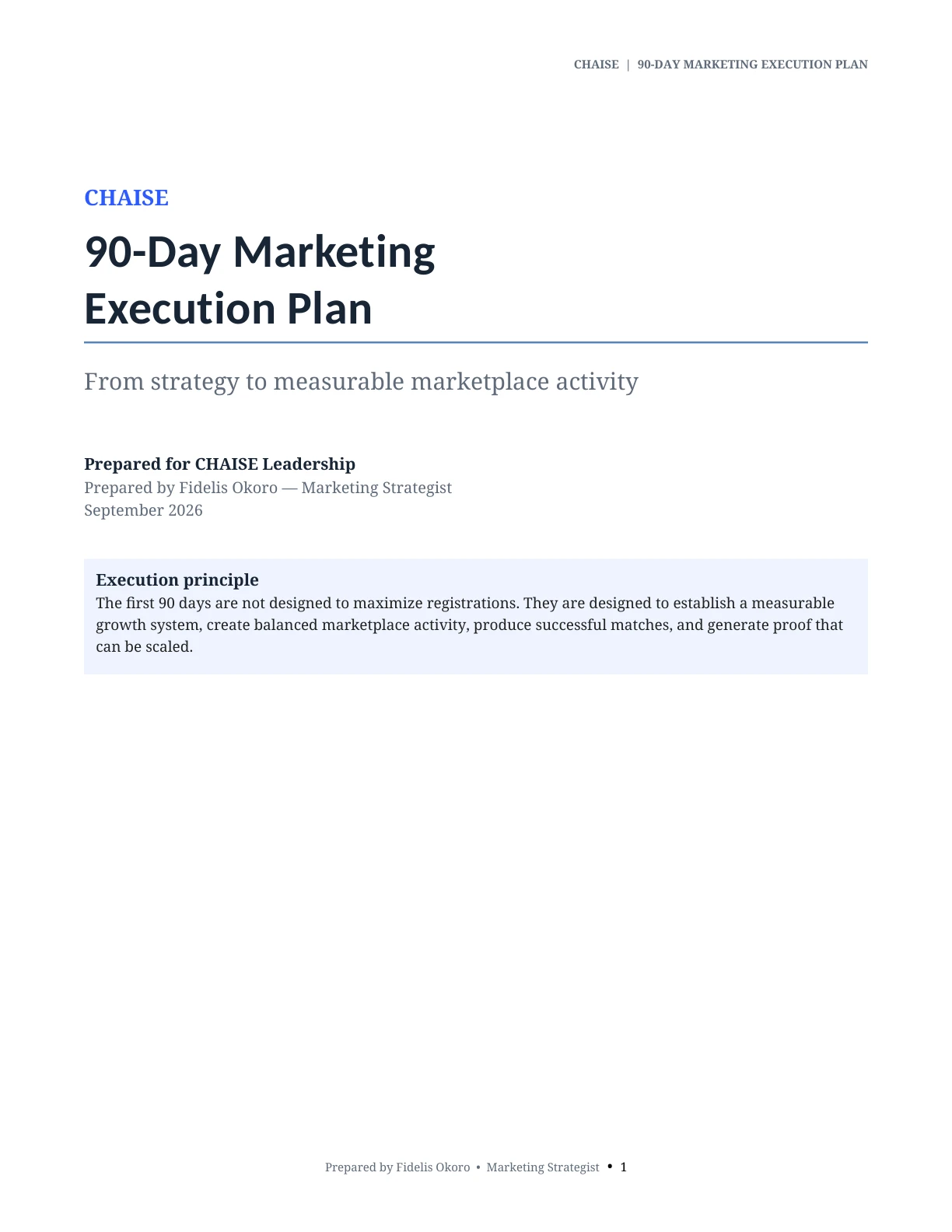 90-day marketing execution plan, opening page.