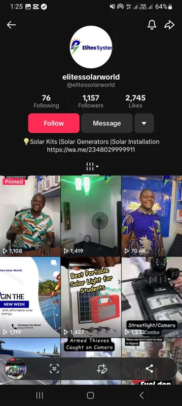 Earlier TikTok profile and solar product content.