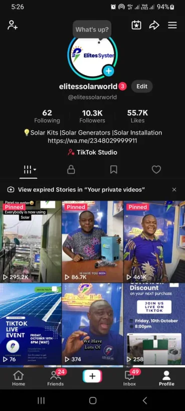 TikTok profile and solar product publishing.