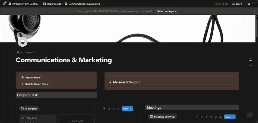 Notion communications workspace and project pages.