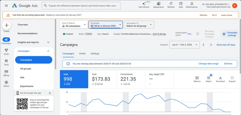 Google Ads campaign performance dashboard.