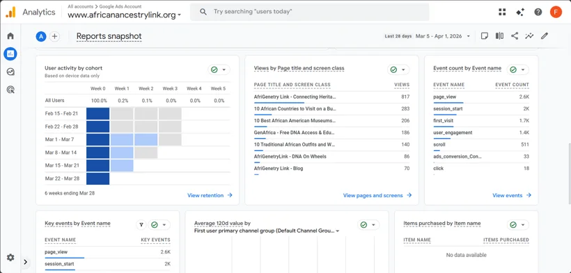GA4 retention, page views, and event reporting.