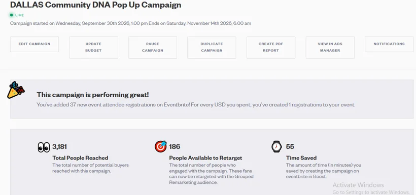 Eventbrite paid campaign and attendee registrations.