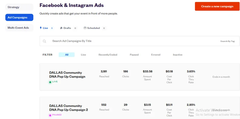 Eventbrite Facebook and Instagram ad campaigns.