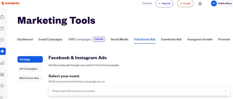 Eventbrite marketing and paid social setup.