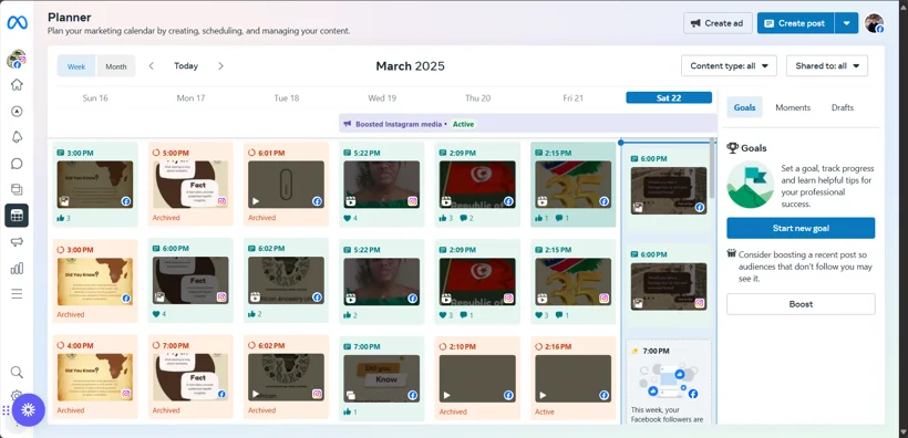 Social publishing schedule in Meta Business Suite.