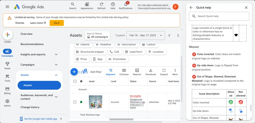 Google Ads policy review and asset checks.