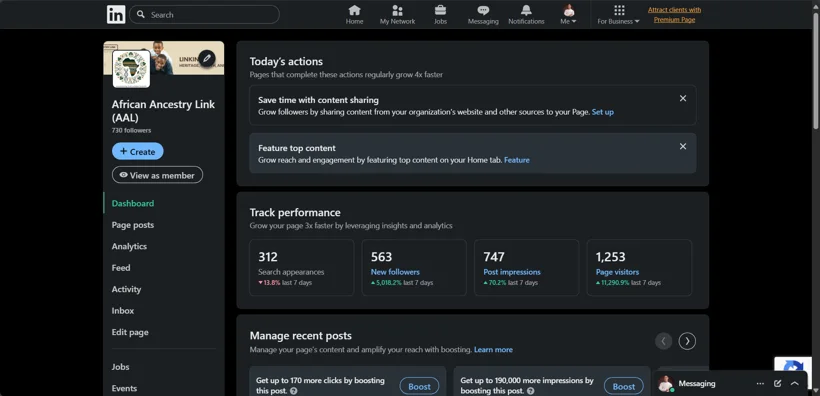 LinkedIn page management and performance.