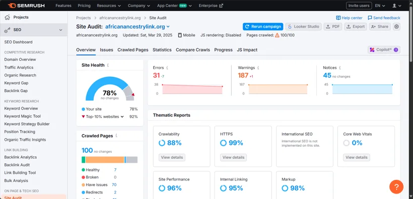 Semrush technical website audit.