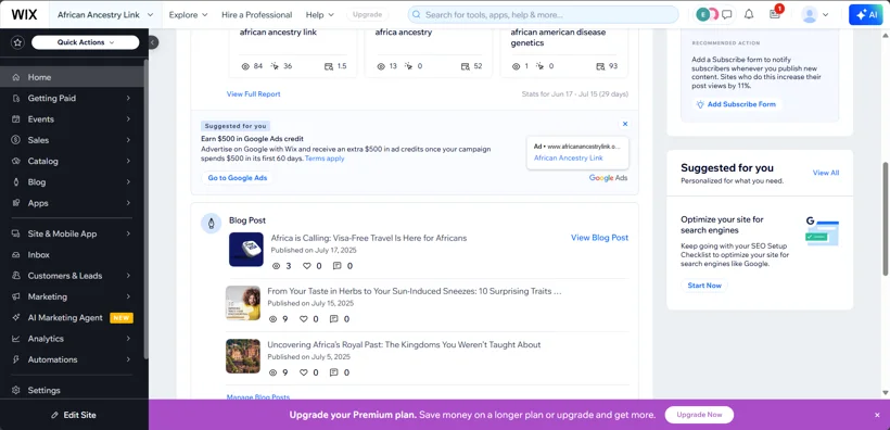 Wix website administration and search settings.