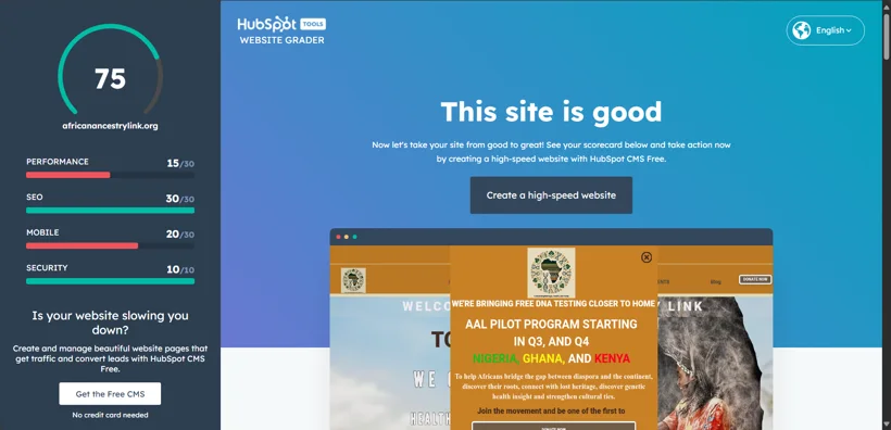 HubSpot website grading report.