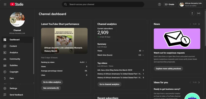 YouTube Studio channel management.
