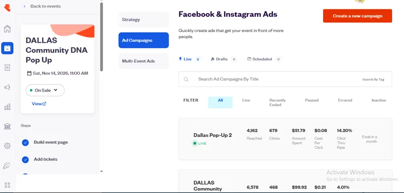 Eventbrite paid social campaign reporting.