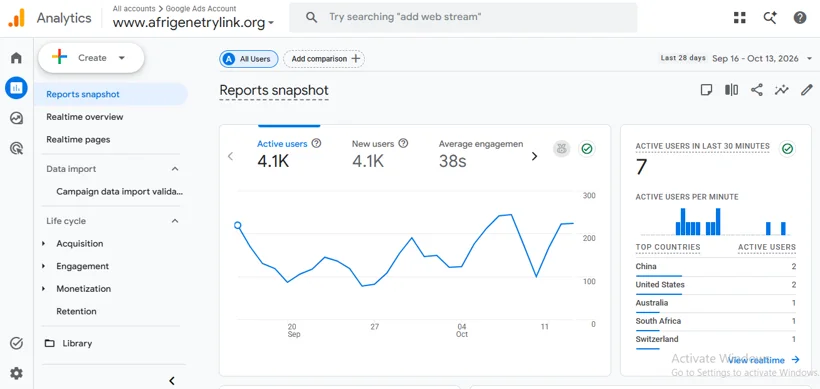 GA4 users, engagement, and country reporting.
