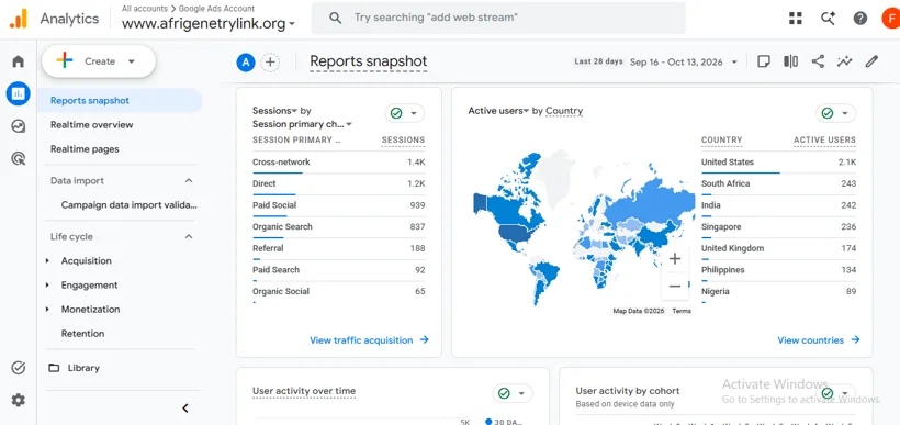 GA4 traffic sources and geographic reporting.