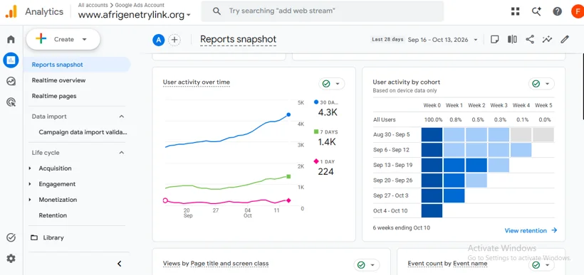 GA4 user activity and retention cohorts.