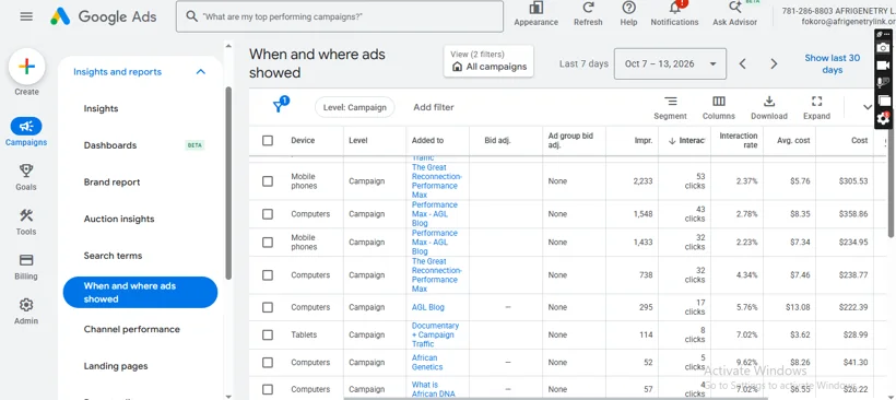 Google Ads placement and delivery insights.