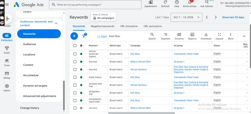 Google Ads keyword management.