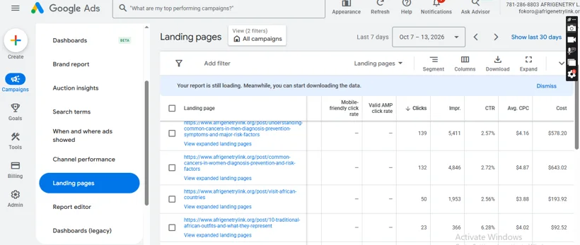 Google Ads landing page reporting.