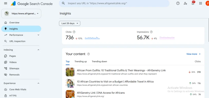 Search Console content and query insights.