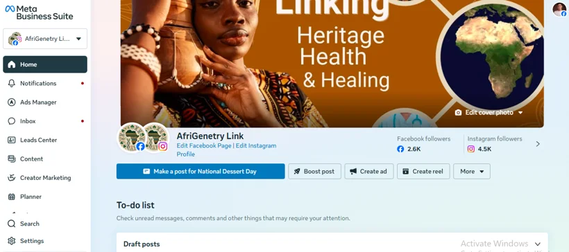 Facebook page identity and presentation.