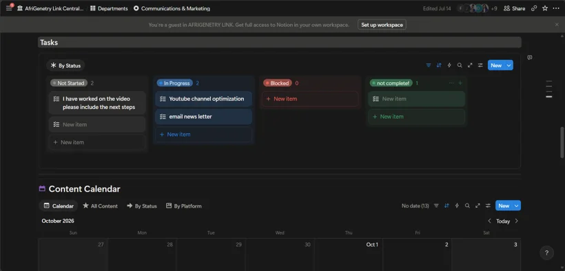 Notion task board and content calendar.