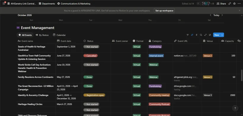 Notion event coordination and scheduling.