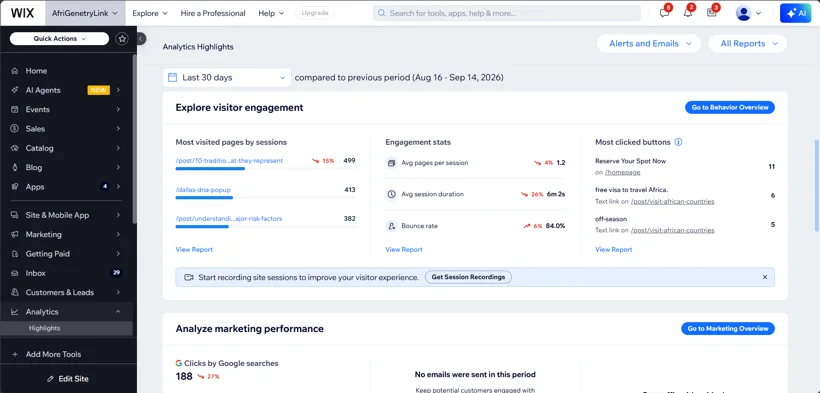 Wix visitor engagement and marketing performance.