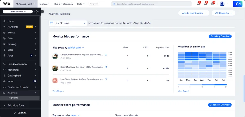 Wix blog content and publishing performance.