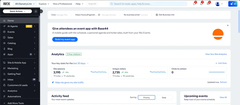Wix website operations and activity management.