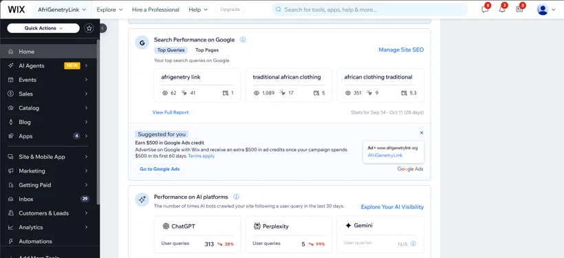 Wix search visibility monitoring.