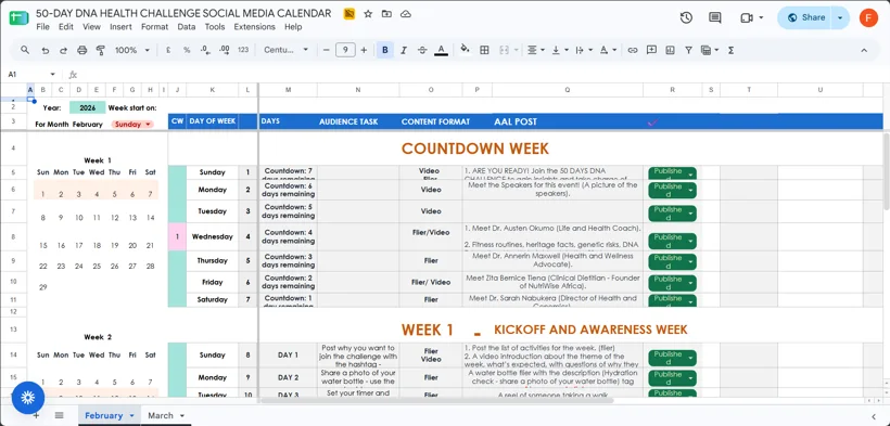 50 Days DNA Challenge publishing calendar.