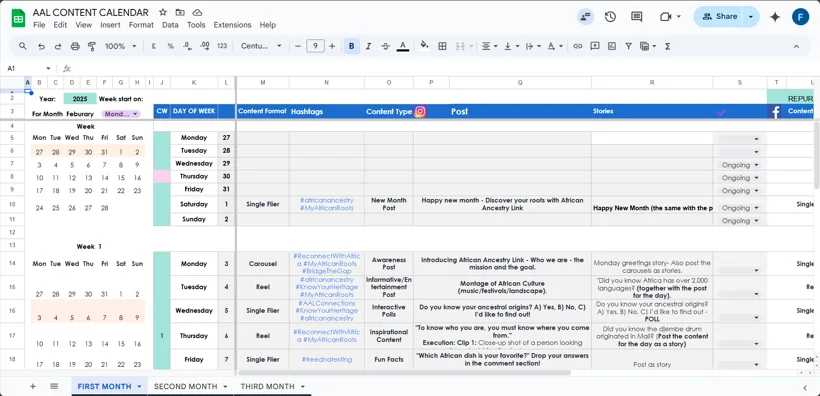 Social media content calendar in Google Sheets.