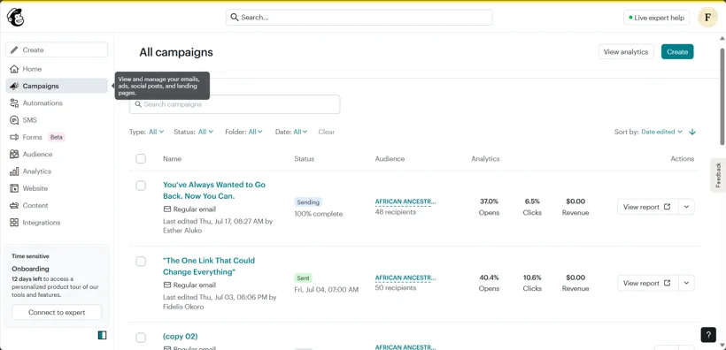 Mailchimp email campaign reporting.