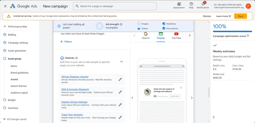Google Ads campaign setup and creative assets.