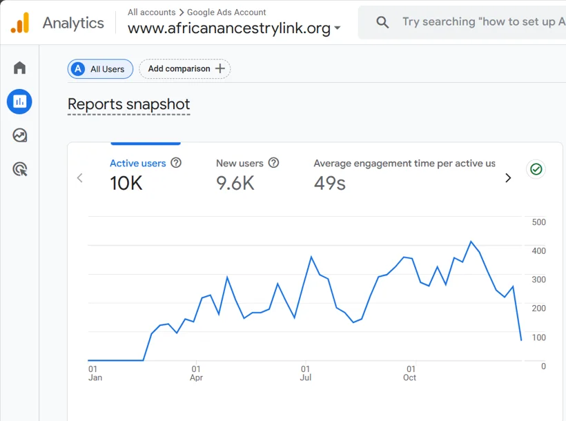 Google Analytics audience and engagement snapshot.