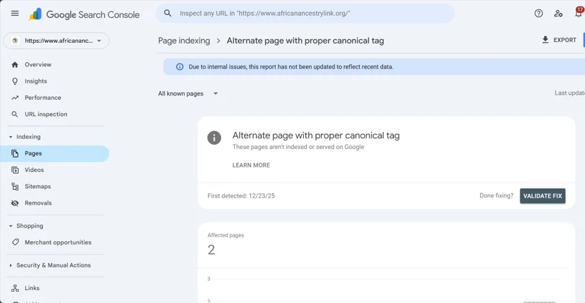Canonical tag and page indexing review.