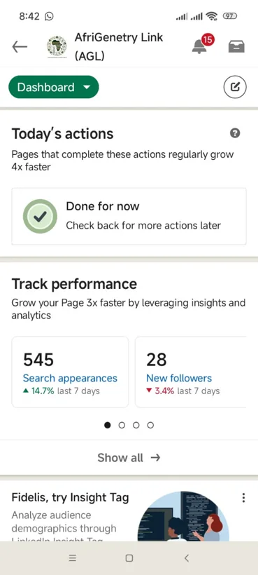 LinkedIn mobile page management.