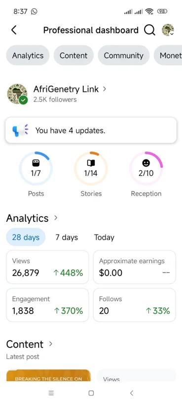 Facebook mobile page analytics.